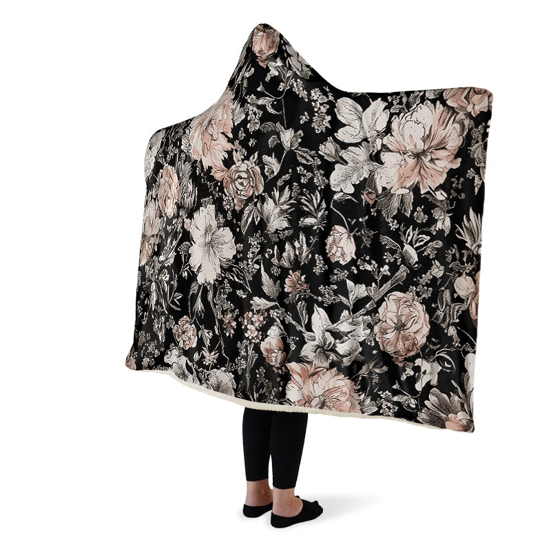 Vintage Peonies Hooded Blanket - Cozy and Warm Wrap-around Blanket with Vegan Fur Lining and Hood