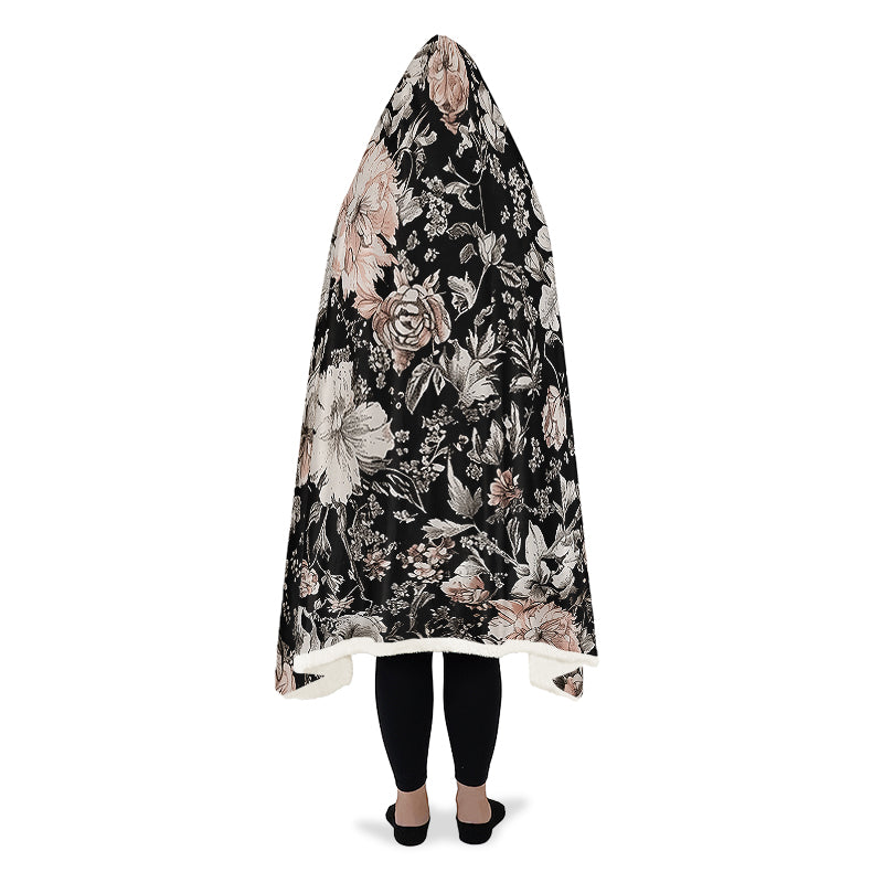 Vintage Peonies Hooded Blanket - Cozy and Warm Wrap-around Blanket with Vegan Fur Lining and Hood