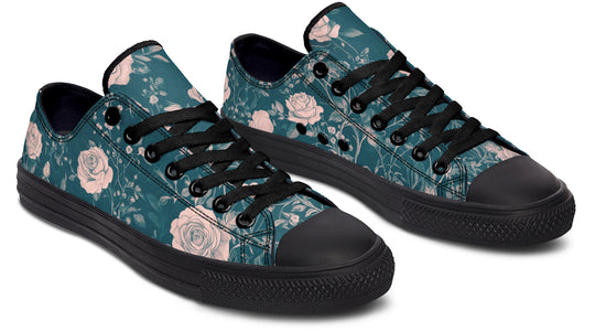 Teal Rose Romance Low Tops - Classic Premium Canvas Shoes with Comfortable and Durable Soles