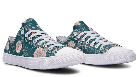 Teal Rose Romance Low Tops - Classic Premium Canvas Shoes with Comfortable and Durable Soles