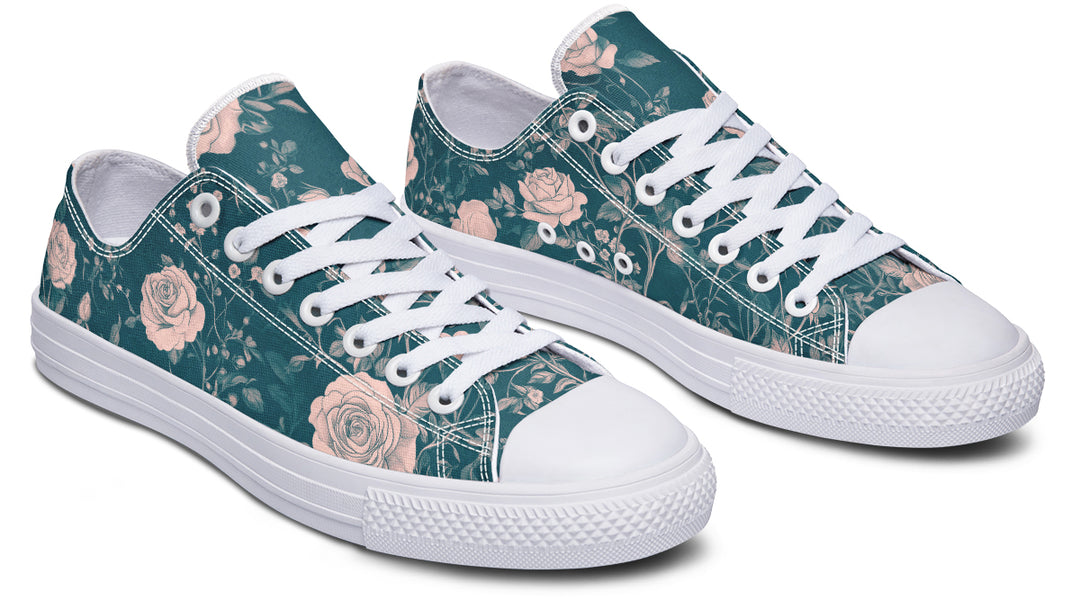 Teal Rose Romance Low Tops - Classic Premium Canvas Shoes with Comfortable and Durable Soles