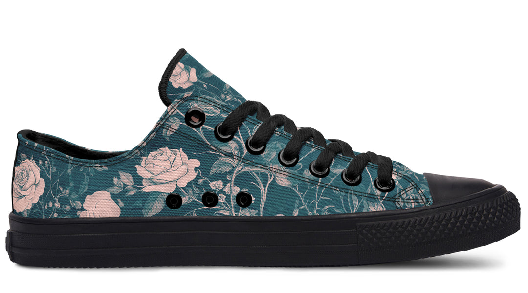 Teal Rose Romance Low Tops - Classic Premium Canvas Shoes with Comfortable and Durable Soles