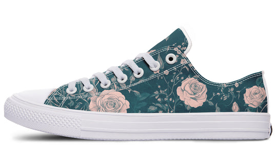 Teal Rose Romance Low Tops - Classic Premium Canvas Shoes with Comfortable and Durable Soles