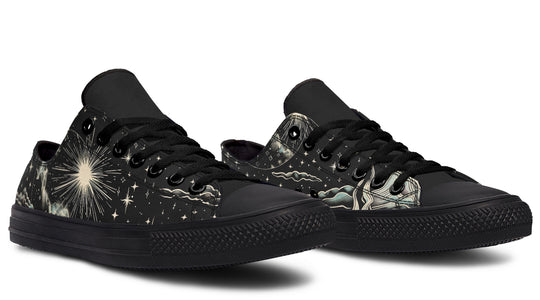 Dawn Star Low Tops - Unisex Casual Vegan Sneakers Gothic Style Black Slip-On Shoes