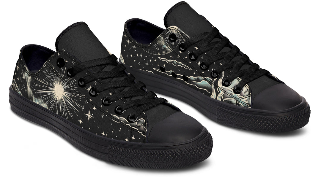 Dawn Star Low Tops - Unisex Casual Vegan Sneakers Gothic Style Black Slip-On Shoes