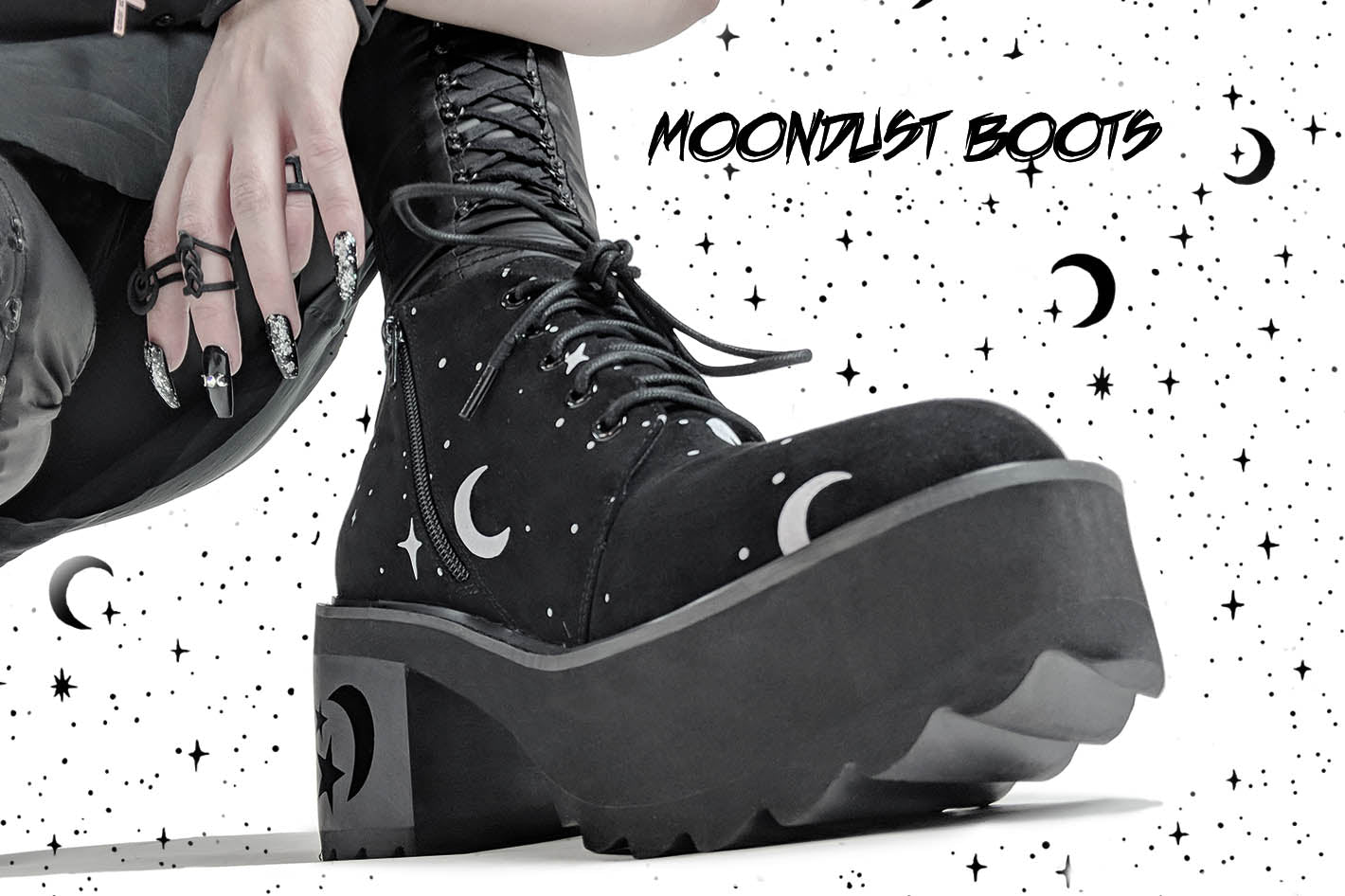 MoonDust Platform Heel Boots Luxurious Quality Vegan Suede Goth Shoes with Moons Stars Witchy Alt Style Occult Grunge Aesthetic Soft Memory