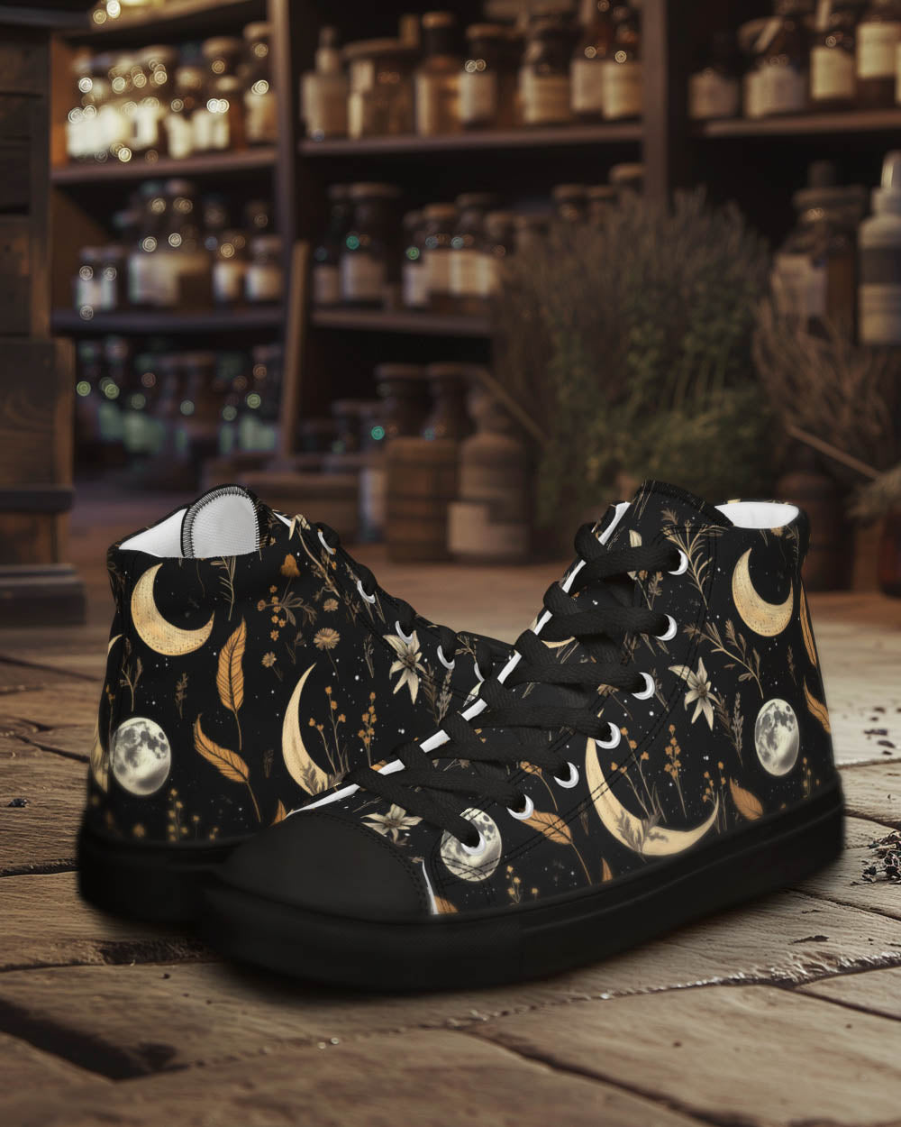 Moonlit Botanica Women’s High Top Shoes - Botanical Vegan Sneakers - Comfortable Goth Trainers - Witchy Grunge Alt Fashion Leisurewear