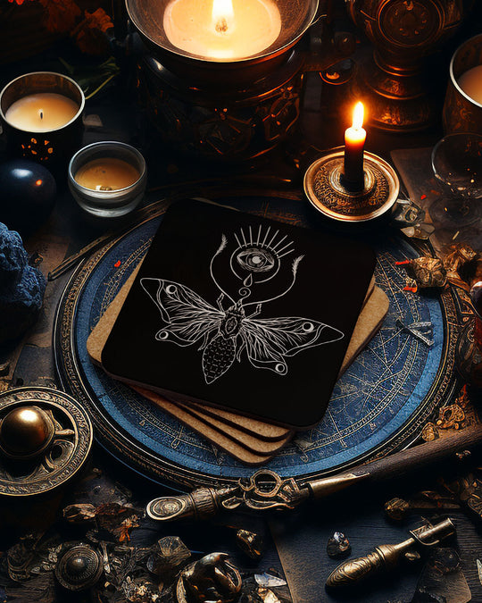 Sacred Moth Coaster - Witchy Home Decor Meets Sustainable Fashion in This Gothic Style Accessory - On Demand Eco-friendly Sustainable Product