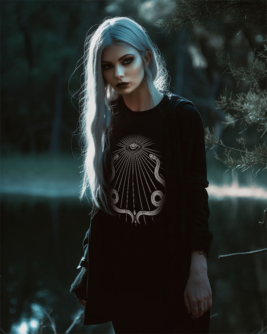 Serpents’ Gaze Long Sleeve Unisex Tee: Witchy Pagan Gothic Clothing - Alternative Occult Vegan - On Demand Eco-friendly Sustainable Fashion