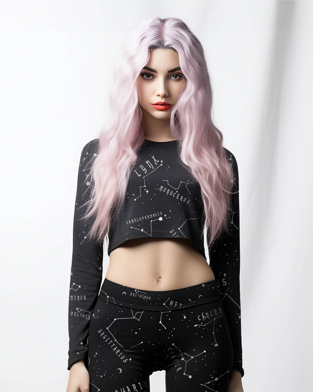 Stellar Long Sleeve Crop Top - Cute Witchy Constellations Top Pagan Gothic Style Leisurewear UPF 50+ Protection