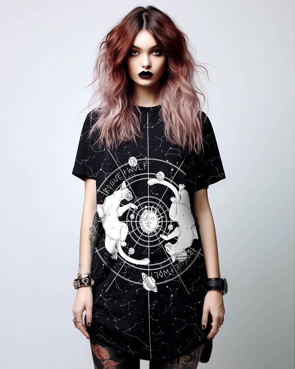 Purr Nebula Tee Dress - Vegan Oversized T-shirt Witchy Alt Style Occult Grunge Aesthetic Unisex Goth Black Dress