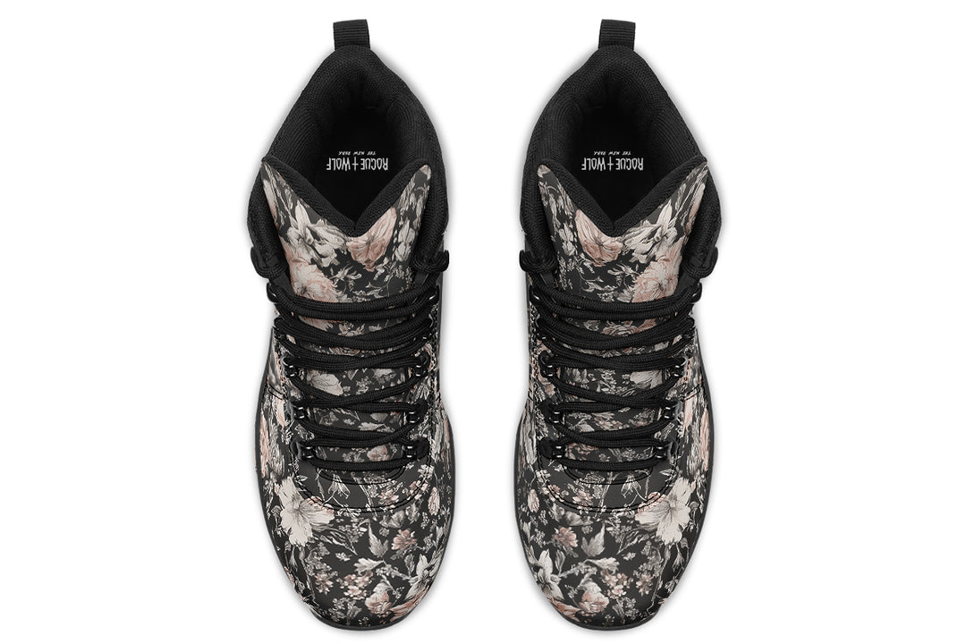 Vintage Peonies Outdoor Boots - Water Resistant Vegan Leather Trekking Shoes with Durable Soles