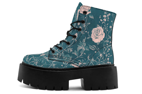 Teal Rose Romance Platform Boots