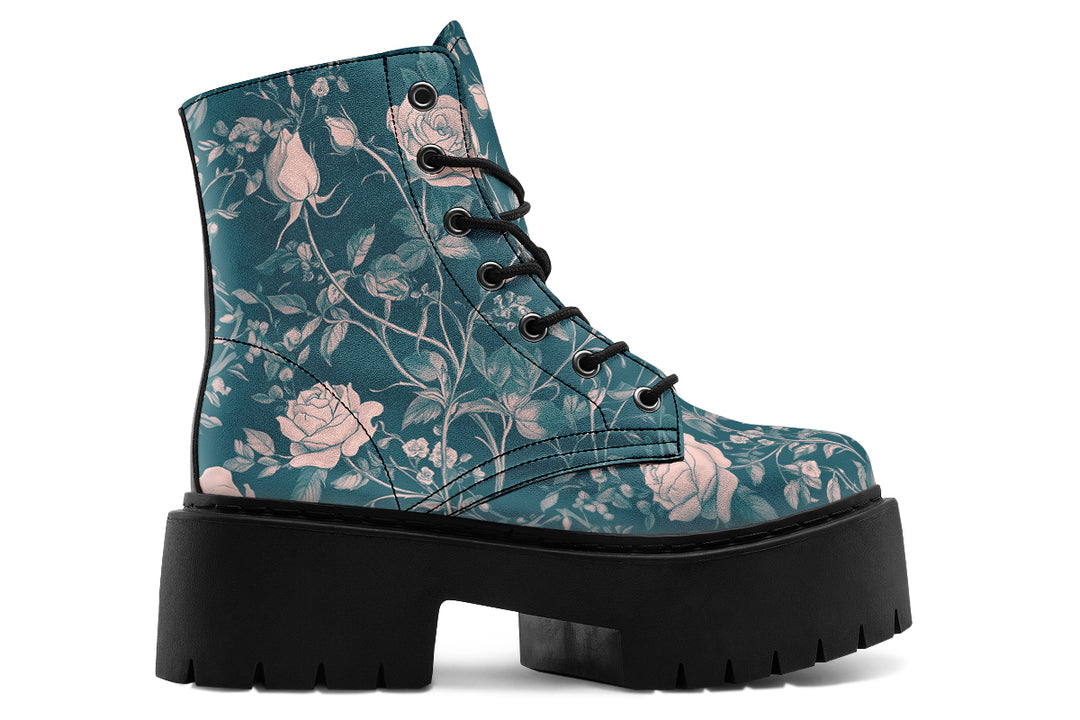 Teal Rose Romance Platform Boots