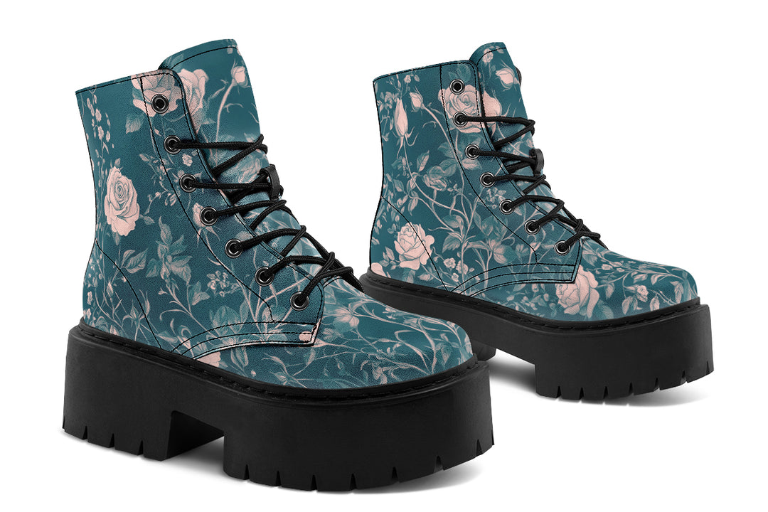 Teal Rose Romance Platform Boots
