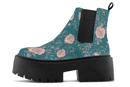Teal Rose Romance Platform Chelsea Boots