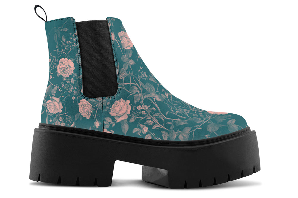 Teal Rose Romance Platform Chelsea Boots