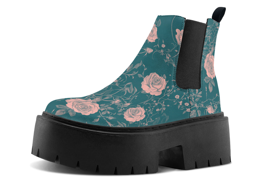 Teal Rose Romance Platform Chelsea Boots