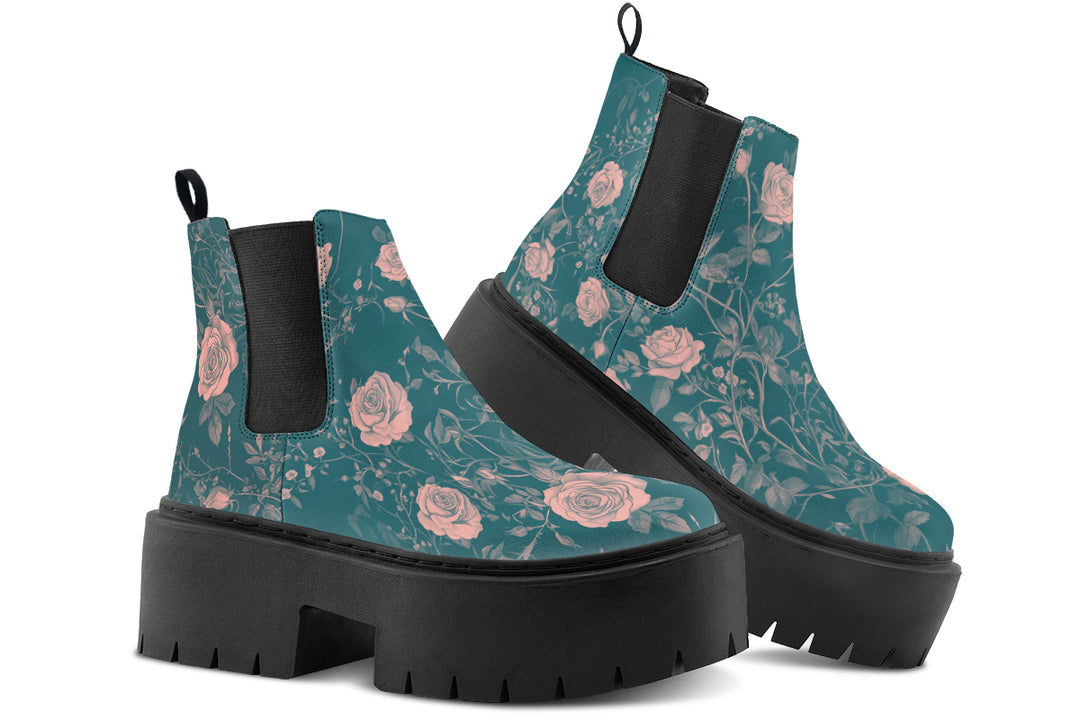 Teal Rose Romance Platform Chelsea Boots
