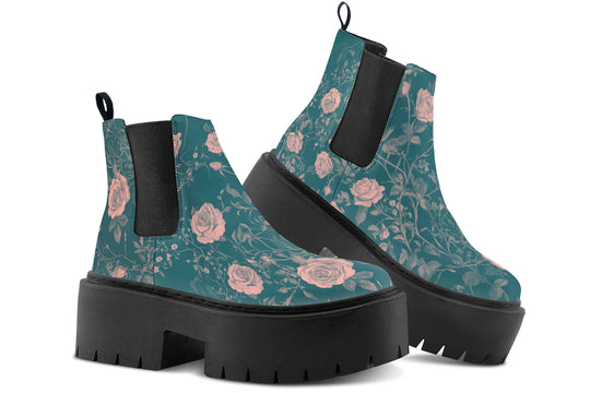 Teal Rose Romance Platform Chelsea Boots