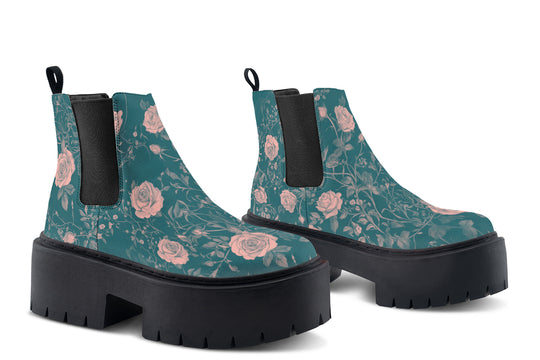 Teal Rose Romance Platform Chelsea Boots