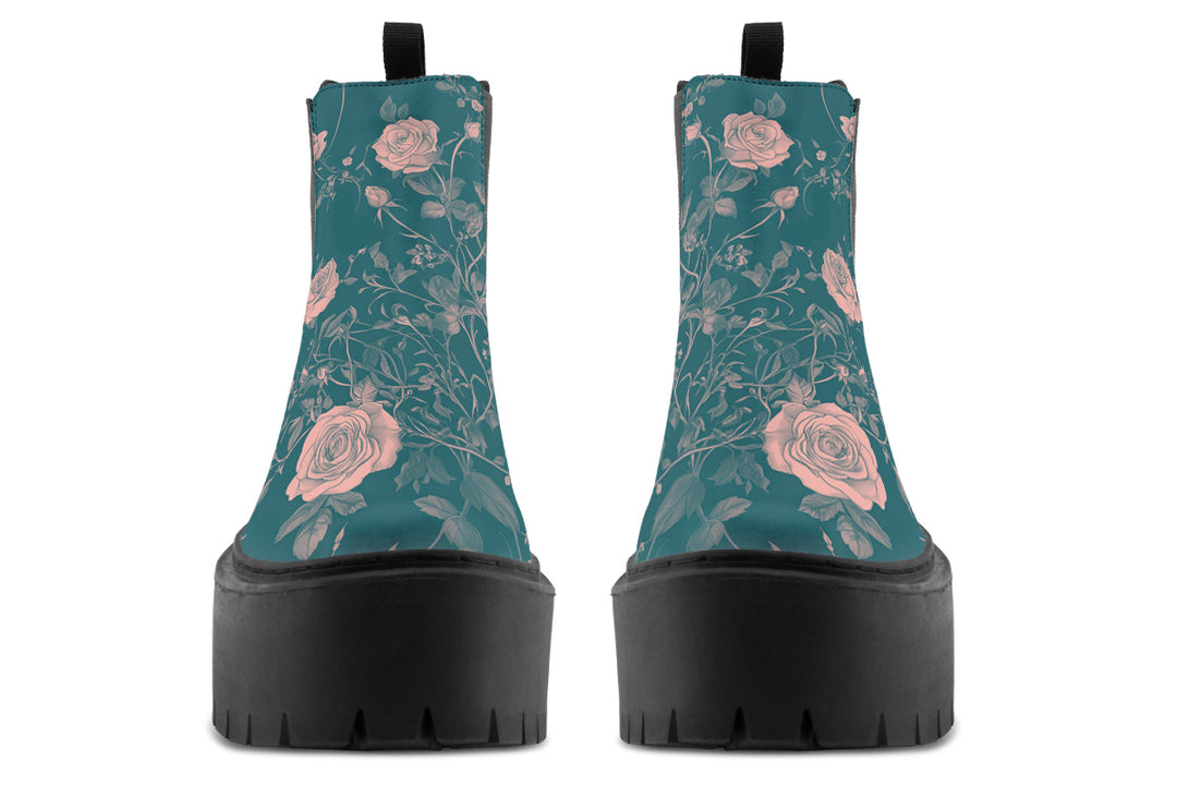 Teal Rose Romance Platform Chelsea Boots