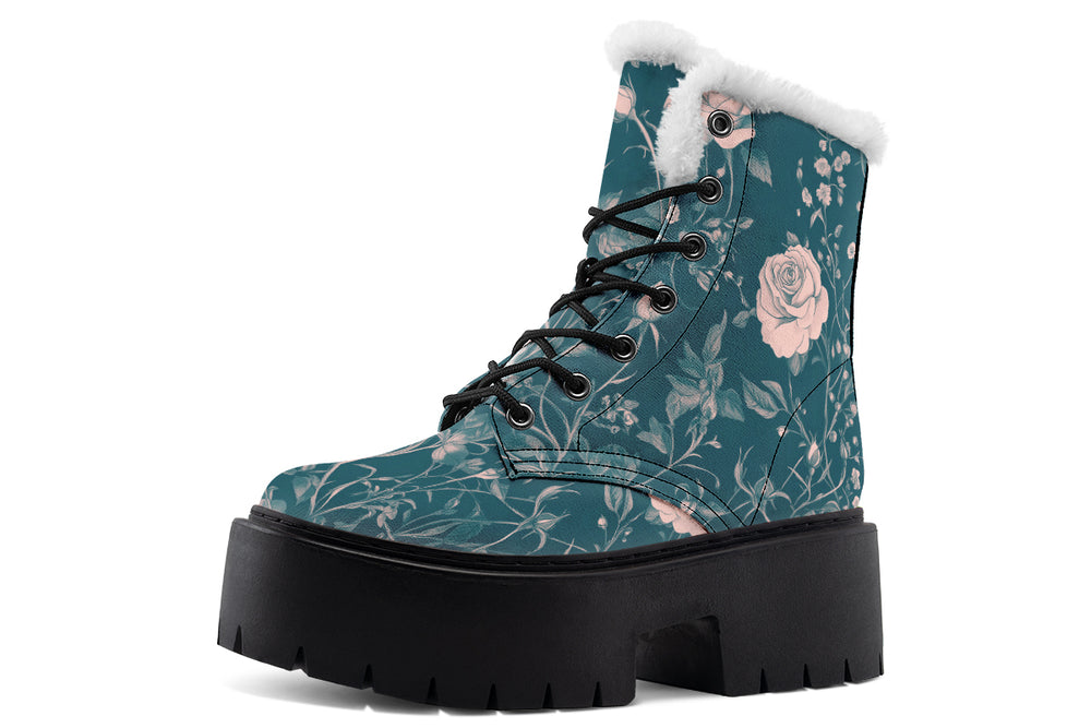 Teal Rose Romance Platform Winter Boots