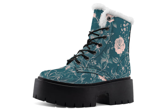 Teal Rose Romance Platform Winter Boots