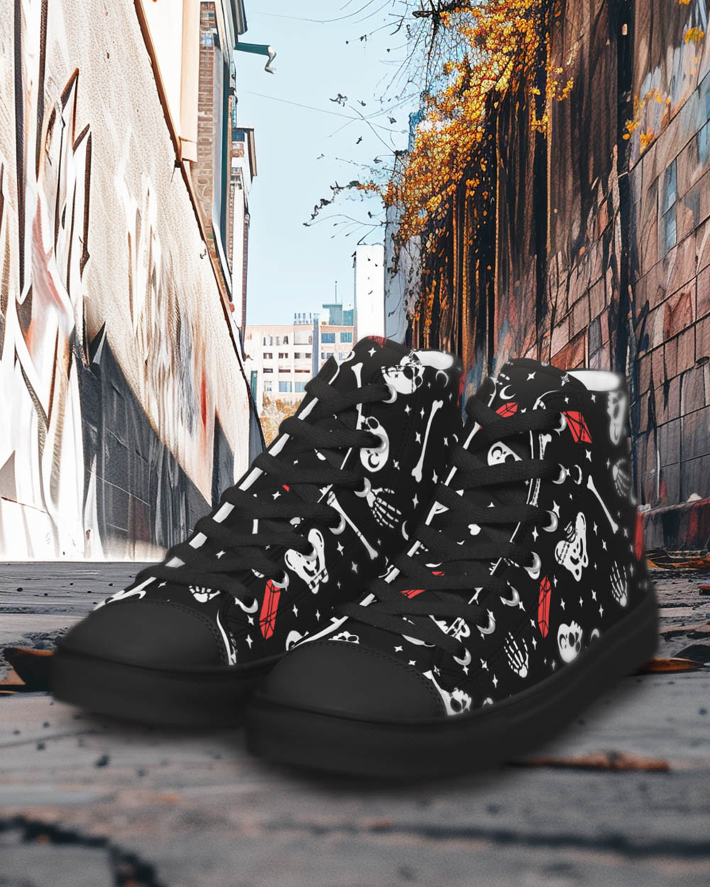 Skulls & Crystals Women’s High Top Shoes - Vegan Gothic Sneakers - Comfortable Goth Trainers - Grunge Dark Kawaii Style