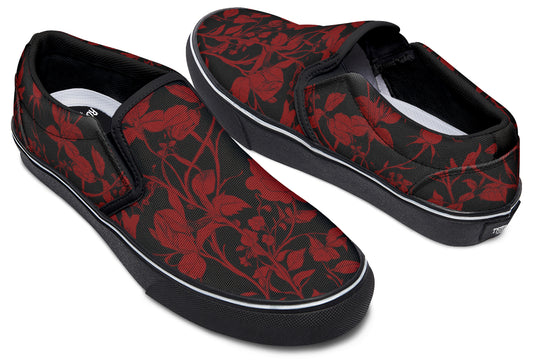 Blood Rose Romance Slipons - Comfortable Vegan Canvas Shoes with Easy Elastic In-Step