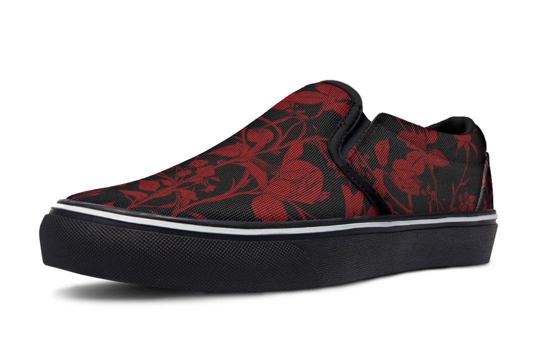 Blood Rose Romance Slipons - Comfortable Vegan Canvas Shoes with Easy Elastic In-Step