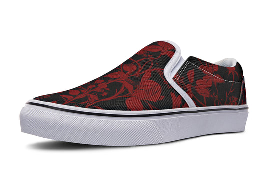 Blood Rose Romance Slipons - Comfortable Vegan Canvas Shoes with Easy Elastic In-Step