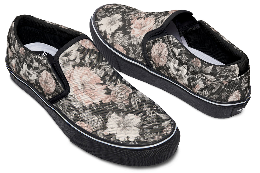 Vintage Peonies Slipons - Comfortable Vegan Canvas Shoes with Easy Elastic In-Step