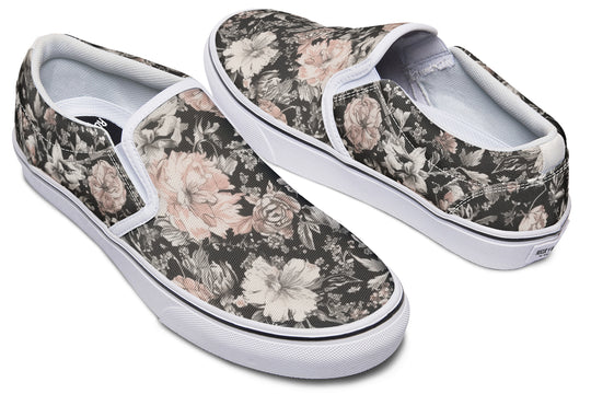 Vintage Peonies Slipons - Comfortable Vegan Canvas Shoes with Easy Elastic In-Step