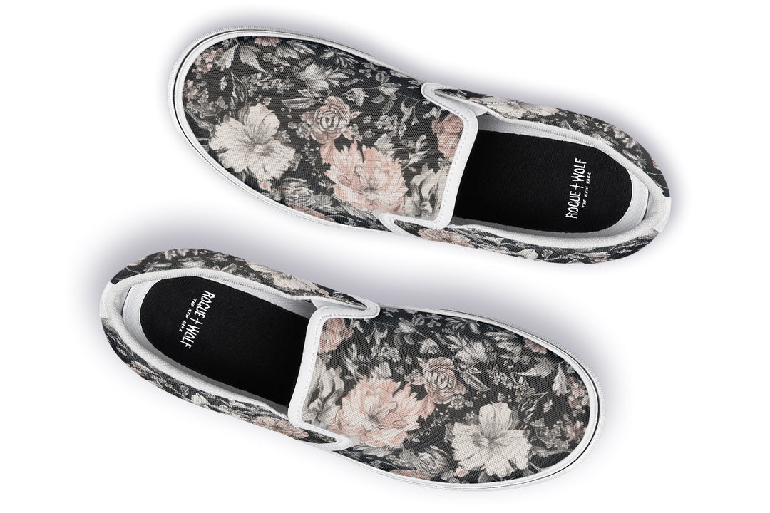 Vintage Peonies Slipons - Comfortable Vegan Canvas Shoes with Easy Elastic In-Step