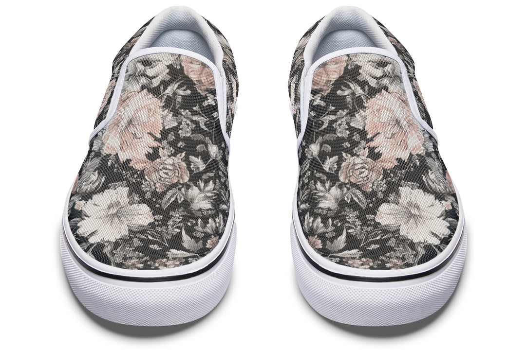 Vintage Peonies Slipons - Comfortable Vegan Canvas Shoes with Easy Elastic In-Step