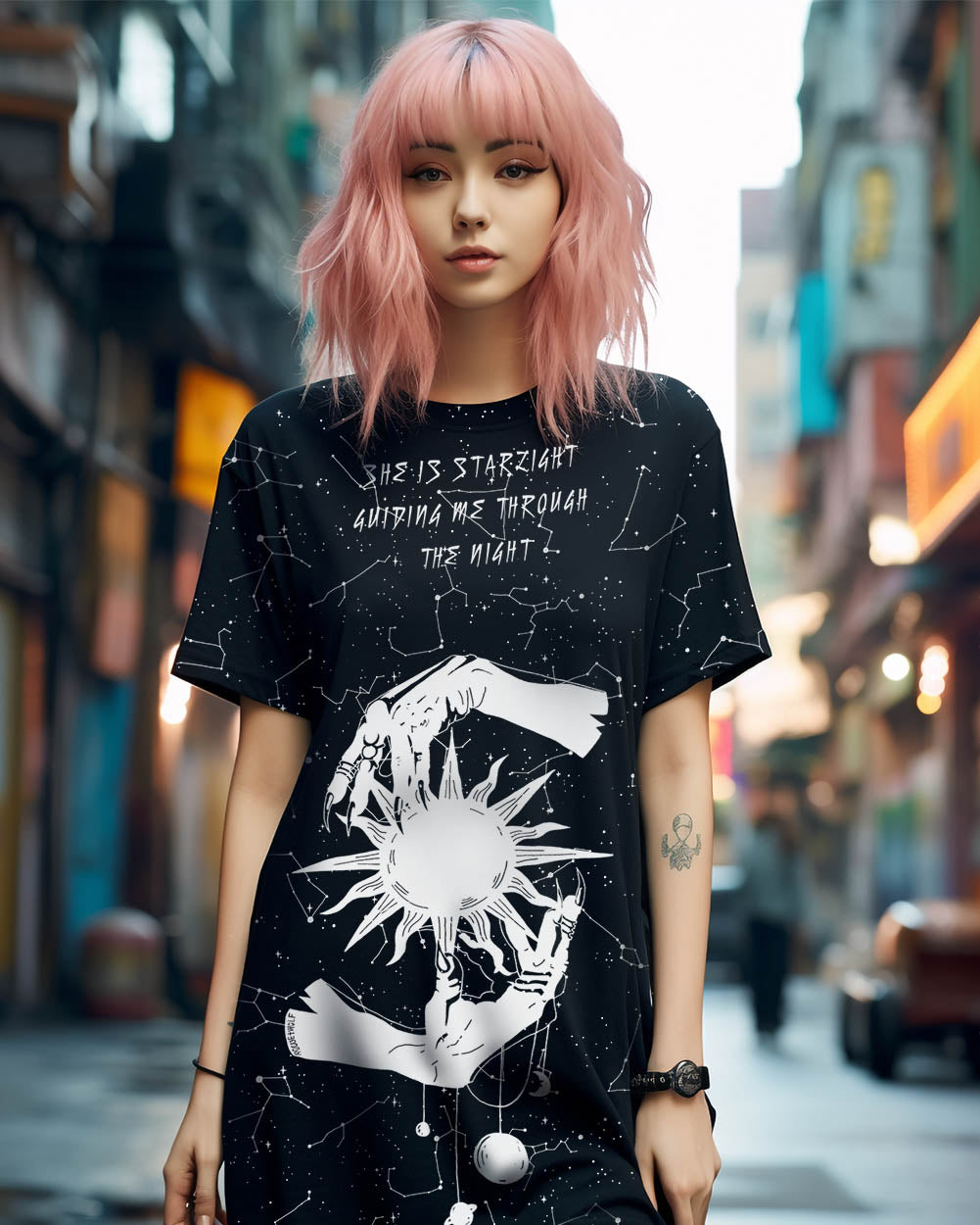Starlight Tee Dress - Vegan Oversized T-shirt Witchy Alt Style Occult Grunge Aesthetic Unisex Goth Black Dress