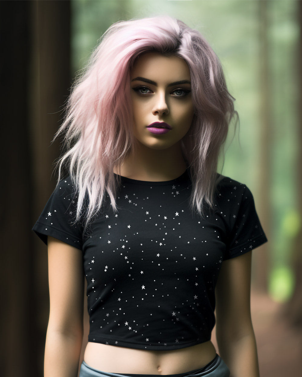 Starry Night Crop Top - Cute Black Witchy Crop Tee Alt Style Gothic Grunge Aesthetic Dark Academia Goth Fashion