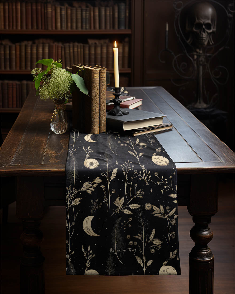 Twilight Garden Table Runner - Botanical Dinner Table Setup - Gothic Witchy Kitchen - Dark Academia Home Decor