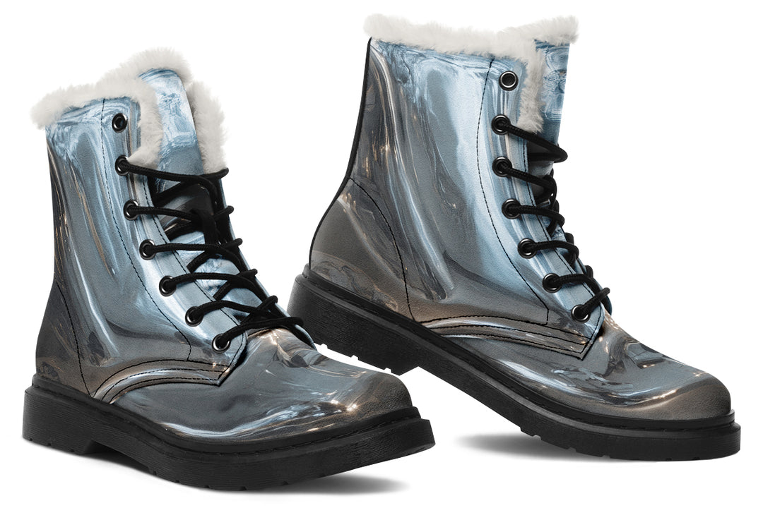 Aged Chrome Winter Boots - Warm Micro-Suede Doc-Style Boots Lined with Vegan Wool