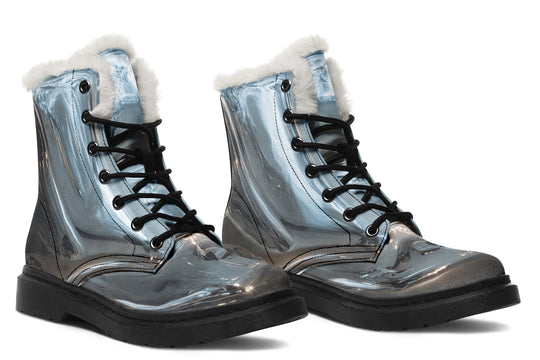 Aged Chrome Winter Boots - Warm Micro-Suede Doc-Style Boots Lined with Vegan Wool