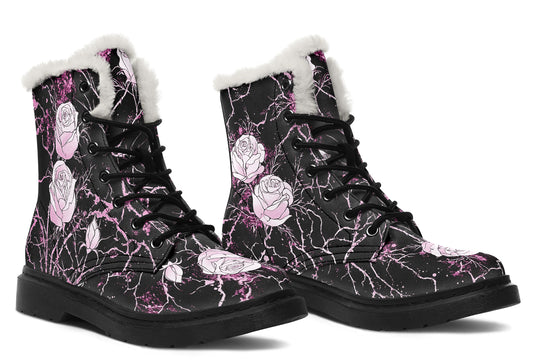 Amethyst Kintsugi Rose Winter Boots - Warm Micro-Suede Doc-Style Boots Lined with Vegan Wool