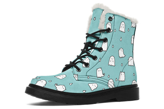 Aqua Ghost Party Winter Boots - Warm Micro-Suede Doc-Style Boots Lined with Vegan Wool