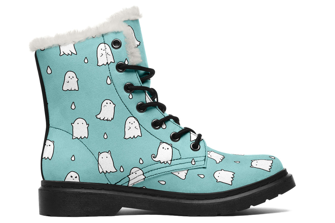 Aqua Ghost Party Winter Boots - Warm Micro-Suede Doc-Style Boots Lined with Vegan Wool