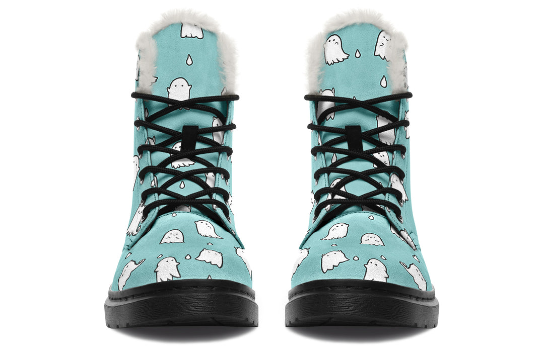 Aqua Ghost Party Winter Boots - Warm Micro-Suede Doc-Style Boots Lined with Vegan Wool