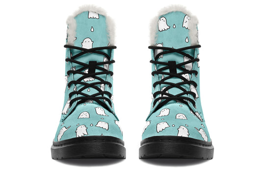 Aqua Ghost Party Winter Boots - Warm Micro-Suede Doc-Style Boots Lined with Vegan Wool