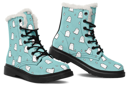 Aqua Ghost Party Winter Boots - Warm Micro-Suede Doc-Style Boots Lined with Vegan Wool