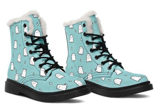 Aqua Ghost Party Winter Boots - Warm Micro-Suede Doc-Style Boots Lined with Vegan Wool