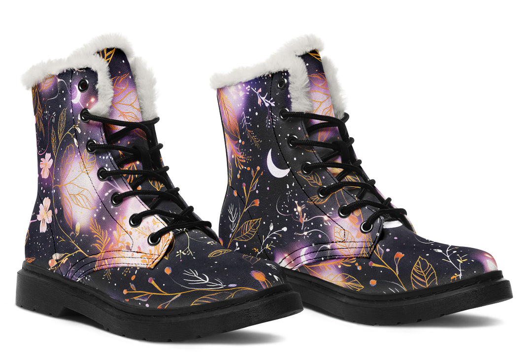 Cosmic Petals Winter Boots - Warm Micro-Suede Doc-Style Boots Lined with Vegan Wool