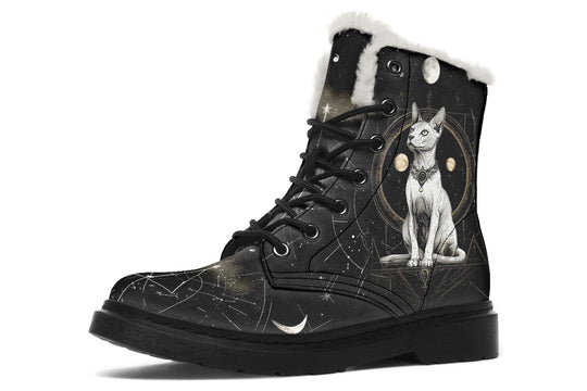 Cosmic Sphynx Cat Winter Boots - Warm Micro-Suede Doc-Style Boots Lined with Vegan Wool